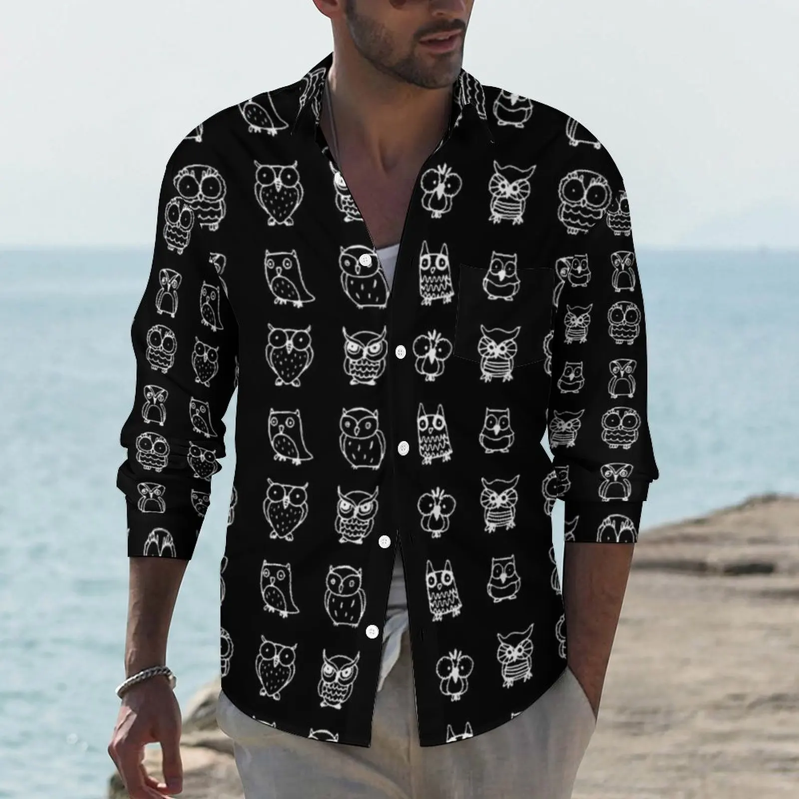 

Cute Owl Meme Shirt Spring Various Owls Print Casual Shirts Men Cool Blouses Long Sleeve Printed Harajuku Clothes 3XL 4XL
