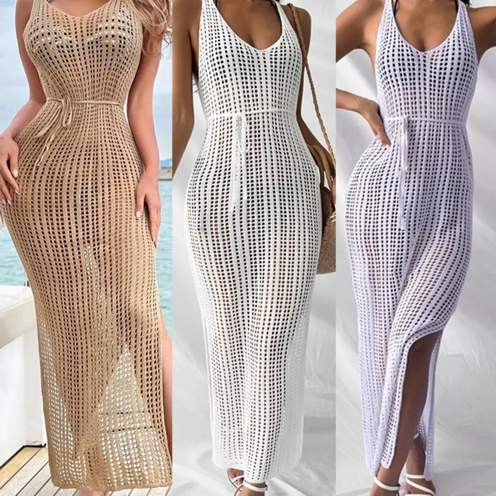 

Длинный Сарафан с открытыми плечами, воздухопроницаемая купальная накидка с V-образным вырезом и разрезом на шнуровке для отдыха