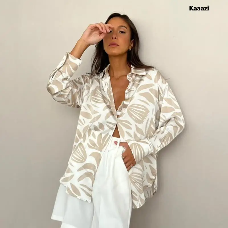 

KAAAZI Long Sleeve Print Satin Cardigan Ladies Blouse Casual Fashion Shirt Spring Summer Loose Top Turn-down Collar 2023 New