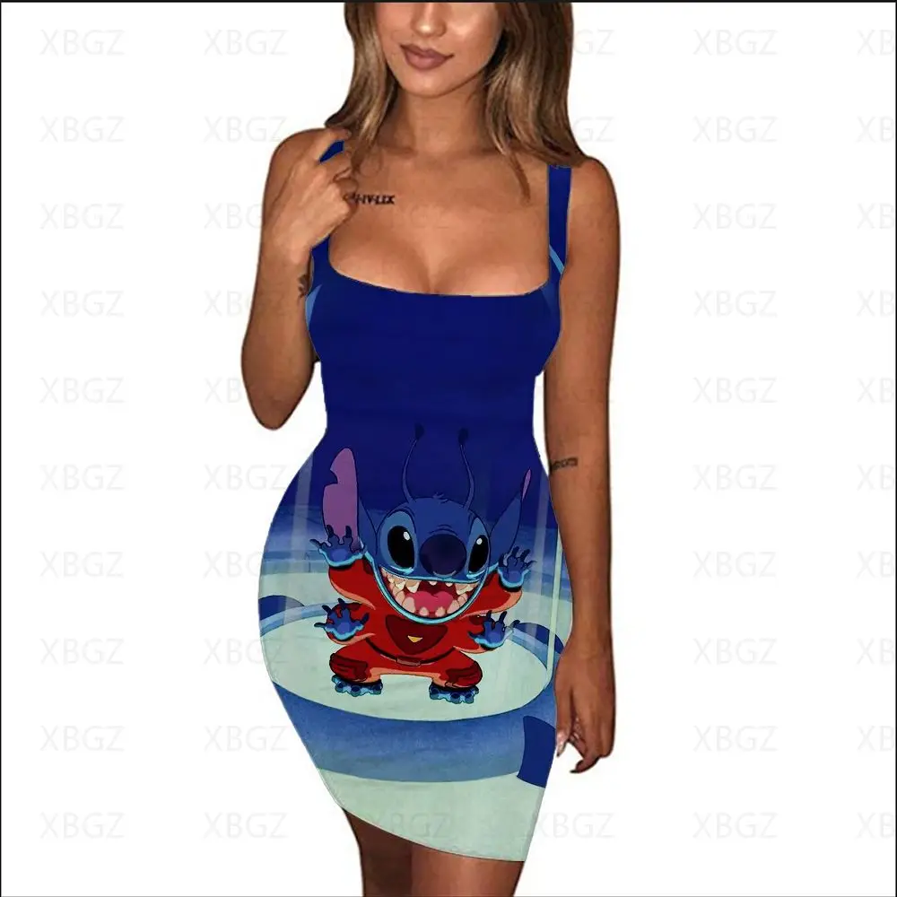 

Women's Summer Dress Sleeveless Cartoon Dresses 2022 Top Sexy Tight Fashion Slim Fit Print Sling Disney Stitch Clothing 5XL