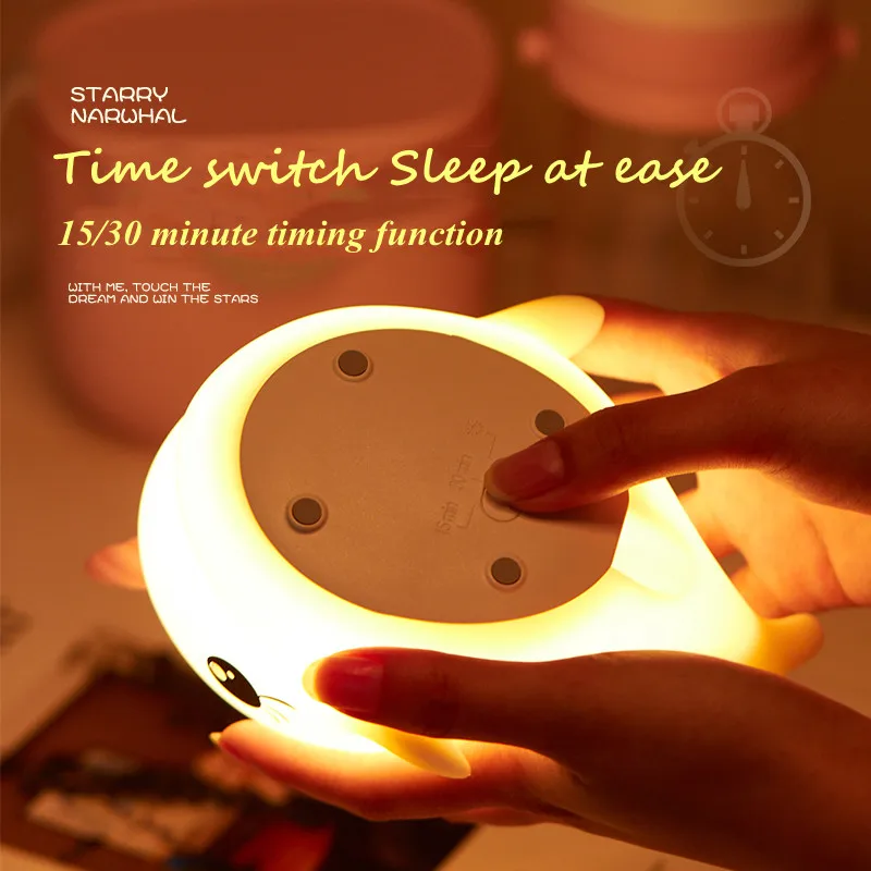 Cute Cartoon Silica gel Dimmable USB Rechargeable Night Lamp Narwhal Baby Kid Bedroom Decor Bedside Gift Molar silicone toy