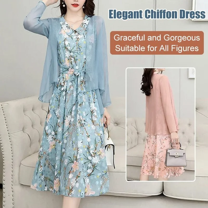 

Two-Piece Casual Fashion Printed Dress Women'S Chiffon Sunscreen Long Skirt