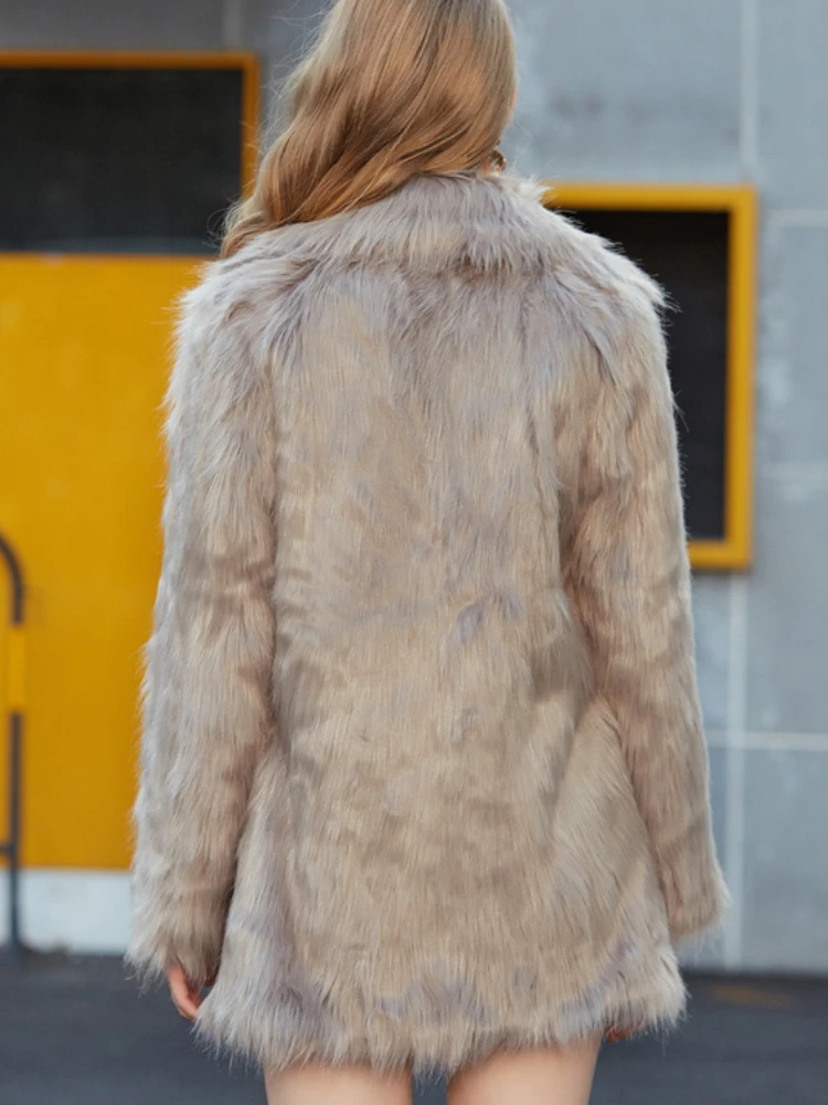 Elegant Ladies Faux Fox Furry Coat Women 2022 Winter Fashion Suit Collar Faux Fur Office Midi Coat Casual High Street Outwear