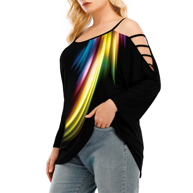 Colorful Curvy Plus Size Ladder Cutout T Shirt Fashion Trend Big Sizes Womans Tops Long Sleeve Bulk Woman Clothing Wholesale