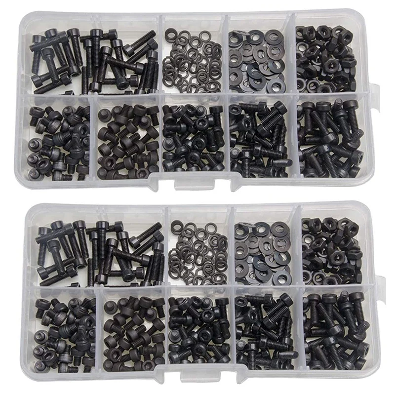 

600 Pcs Nuts Bolts Set Hex Bolts Nut And Washer Assortment Screws Bolts M3 Tool Kit With Plastic Box (Black)