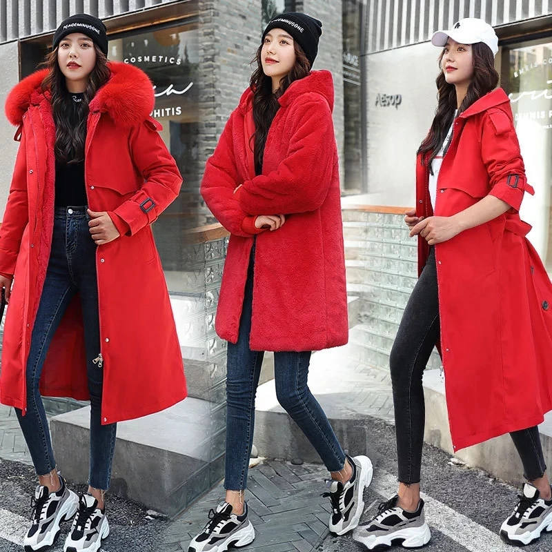 2021 Women's Winter Jacket Hooded Thick Warm Cotton Padded Parkas Woman Wool Liner Distachable Large Coat Three Ways Wear
