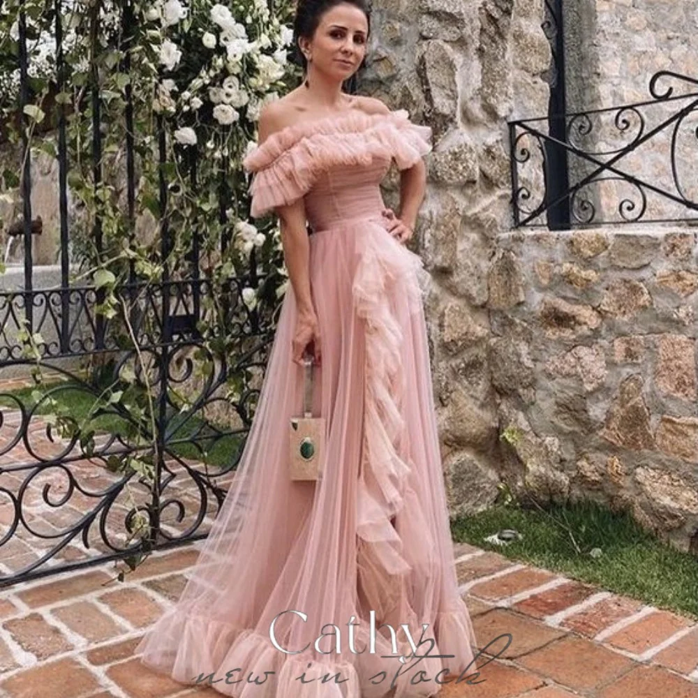 

Cathy Sweet Tulle Crimping Vestidos De Noche Grace Off Shoulder Prom Dress 2023 Elegant Nude Pink Puffy فساتين السهرة