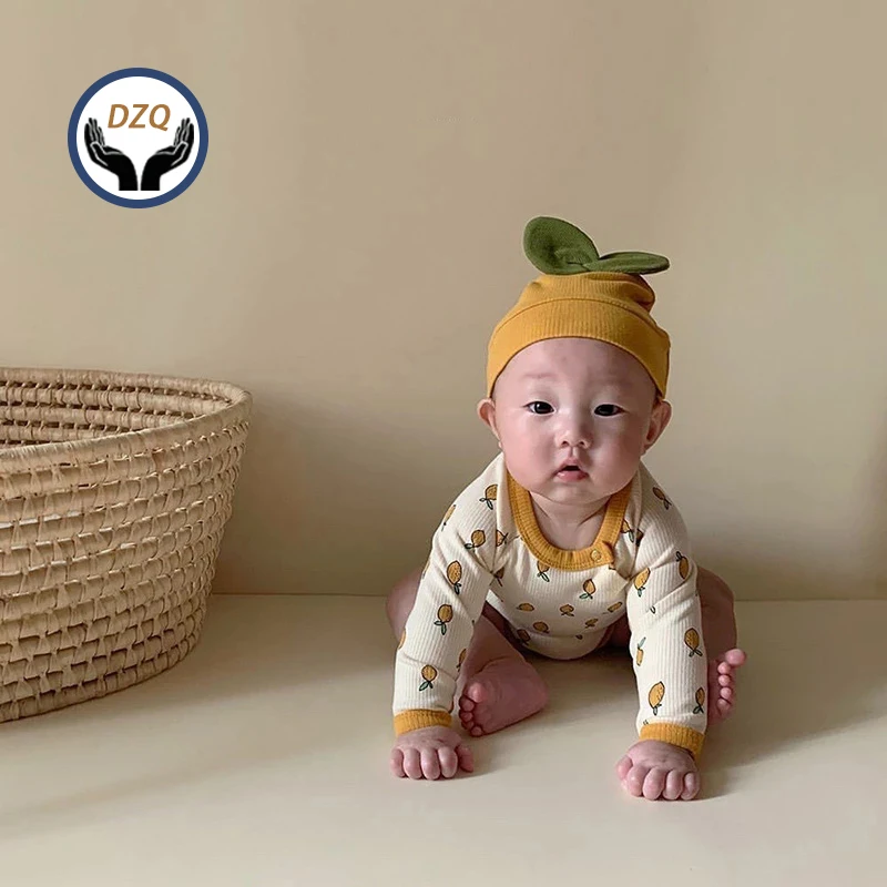 

Newborn Baby Clothes Lemon Print Baby Bodysuit Cute Baby Hat Toddler Boys Bodysuit Set baby Indoor Clothes