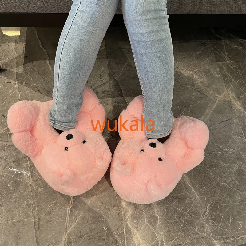 

Pink Teddy Bear plush Women slippers Rose Soft House Slipper Cute Bear Girls Furry Faux Fur Slides Woman Furry Shoes