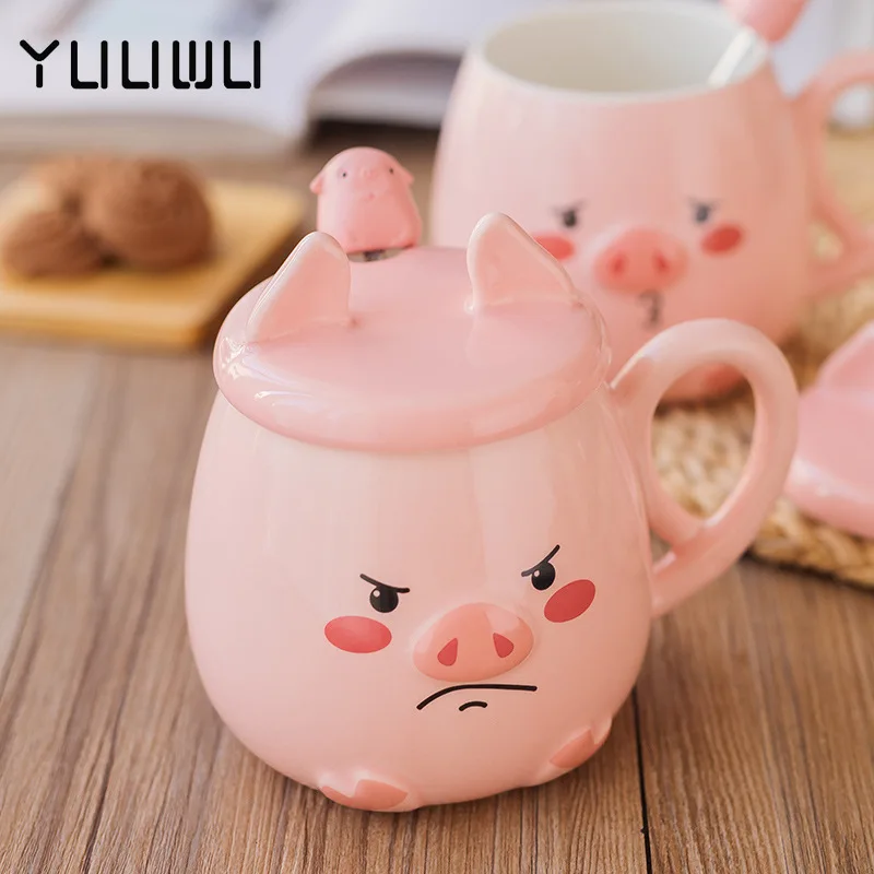 

Cartoon Pig Shape Mug with Lid and Spoon Coffee Cup Milk Tea Mugs Breakfast Cup Drinkware Couple Novelty Gifts