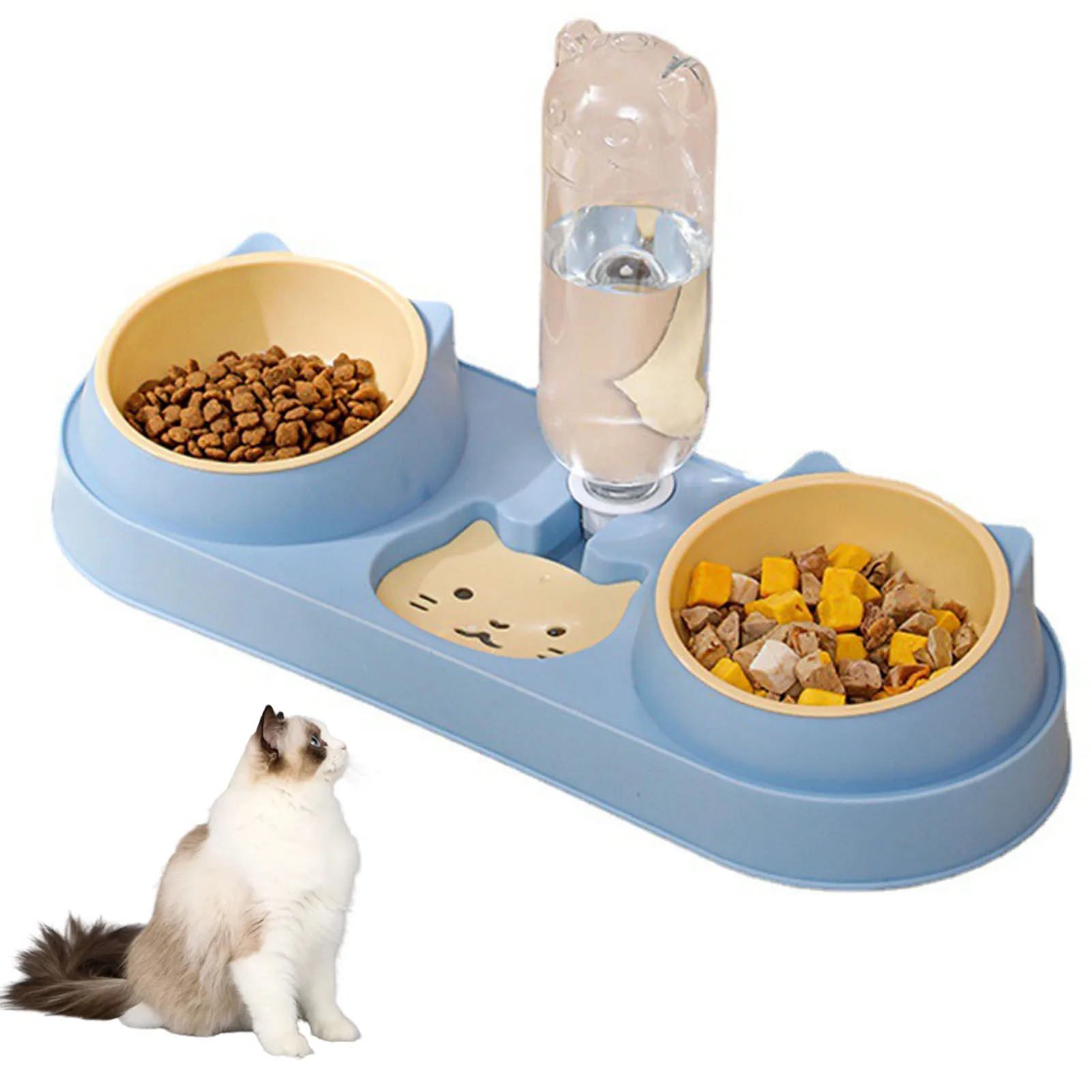 

Double Dog Cat Bowls with Water Dispenser Tilted Cat Food Dishes for Indoor Pet Wet and Dry Food Bowl Set Durable SCVD889