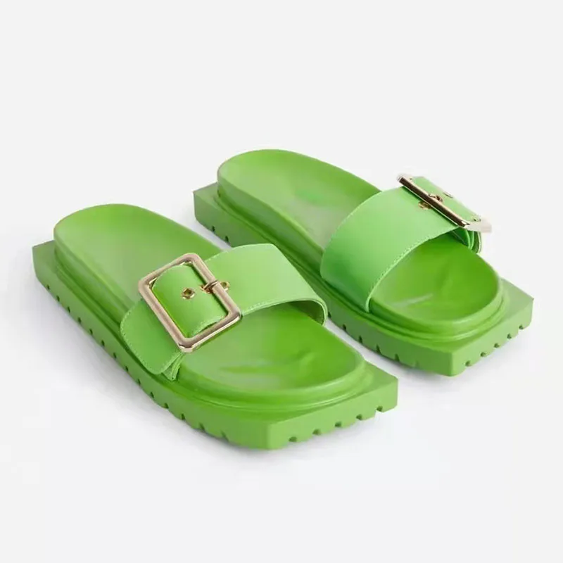 

Platform Slippers Women Metal Buckle Square Sole Slides 2022 Summer Ladies Outdoor Fashion Beach Sandal Size 43 zapatos de mujer