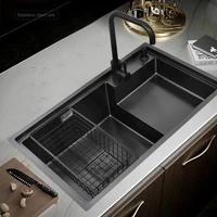 black nano 304 stainless steel sink kitchen high and low sink single basin hand sink large step type