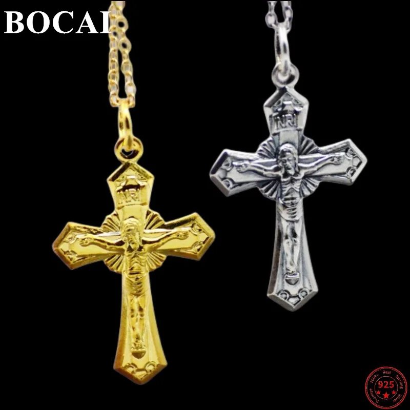 

BOCAI 100% S925 Sterling Silver Pendant for Men and Women Jesus Cross Simple Thai Silver Classic Pure Argentum Jewelry