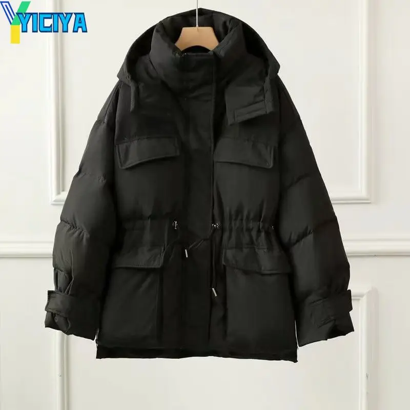 YICIYA Coats Woman Winter 2023 New Streetwear Parkas Jacket Fashion Waist Can Adjust Coat With A Big Hood Thicken Warm Outerwear
