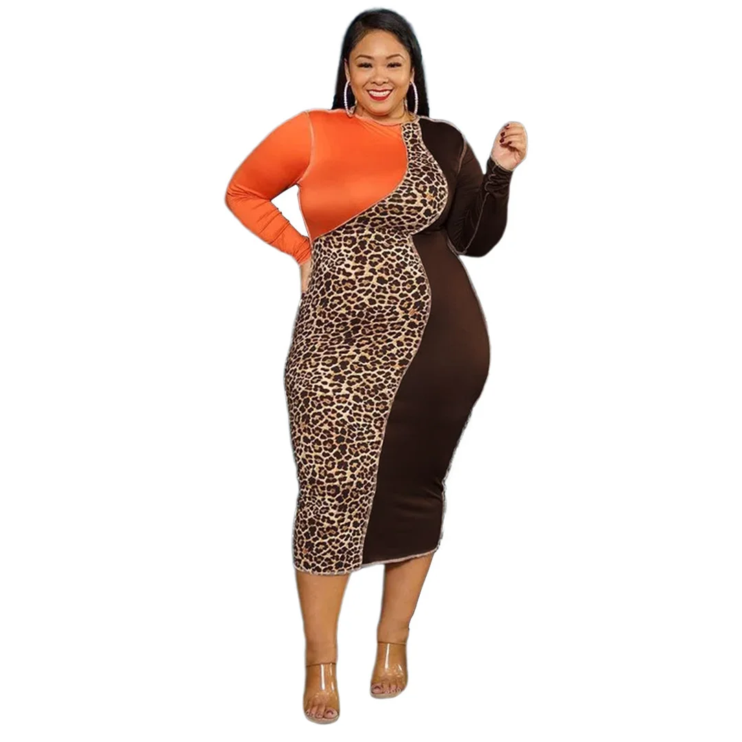 Fashion Plus Size Women's Dresses Leopard Print Splicing Collision Color Elegant Dresses Round Neck Long Sleeve Casual Dress