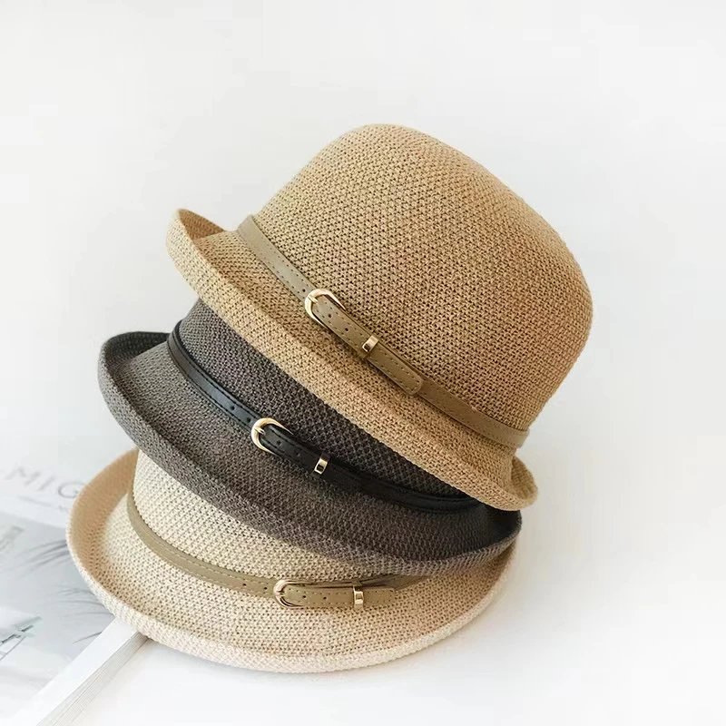 

Spring summer breathable linen knitted fedora hat women dome fashionable curled basin hat Hepburn style elegant sunshade hat