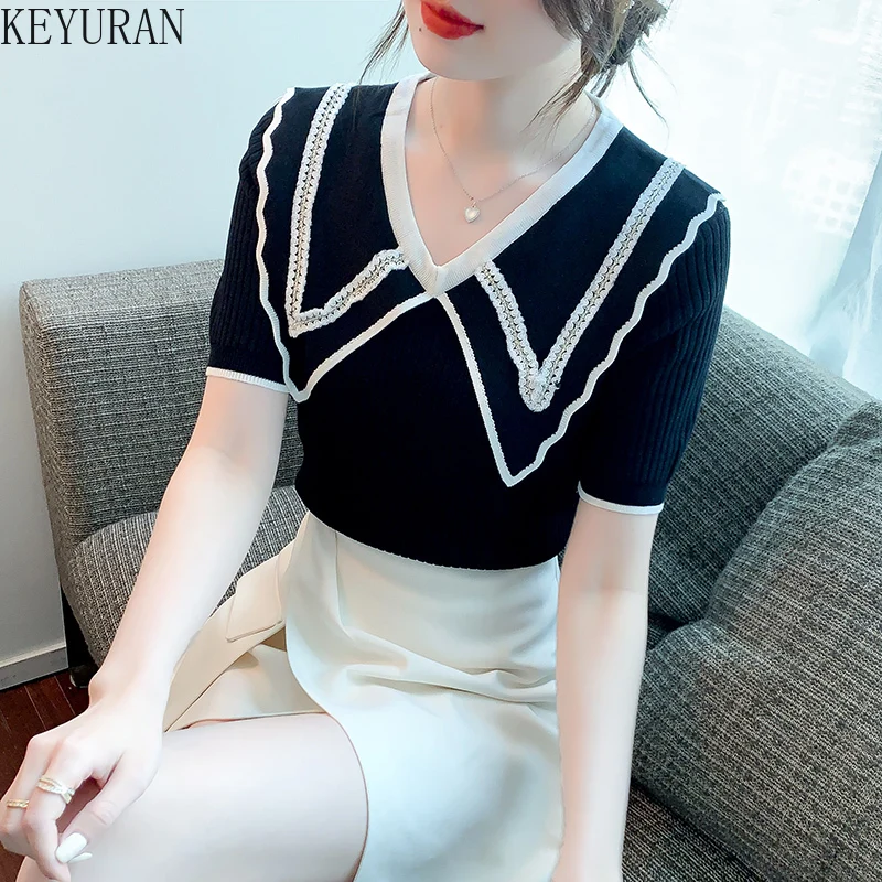 

Женский трикотажный свитер с коротким рукавом, черный или белый трикотажный джемпер с V-образным вырезом в винтажном стиле, лето 2022