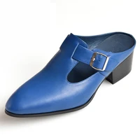noble blue trendy mens half slippers high heeled shoes summer close toe open back heels man casual heightened mules