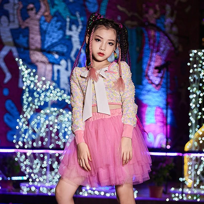 

Girls Sequin Cheerleader Uniform Jazz Dance Costume Lovely Kpop Outfit Dancewear Street Dance Hip Hop Dancing Clothes 120-170CM