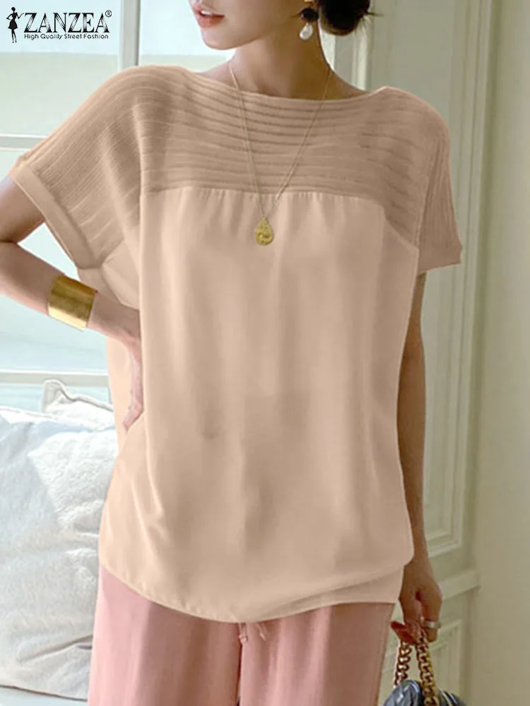 

Элегантная женская блузка ZANZEA 2023, летняя элегантная однотонная туника с круглым вырезом в стиле пэчворк, модный вязаный офисный Топ, женски...