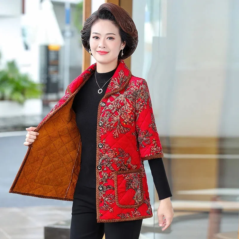 

Middle-Aged Elderly Women Autumn Winter Half Sleeves Fleece Lined Quilted Cotton Padded Jacket Print Waistcoat Thick Warm Tops