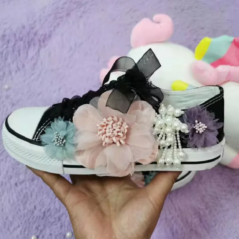 

Холщовые кроссовки ручной работы для мужчин и женщин, низкие повседневные туфли на шнуровке, с цветочным принтом, жемчугом, бахромой, фототкань 35-46