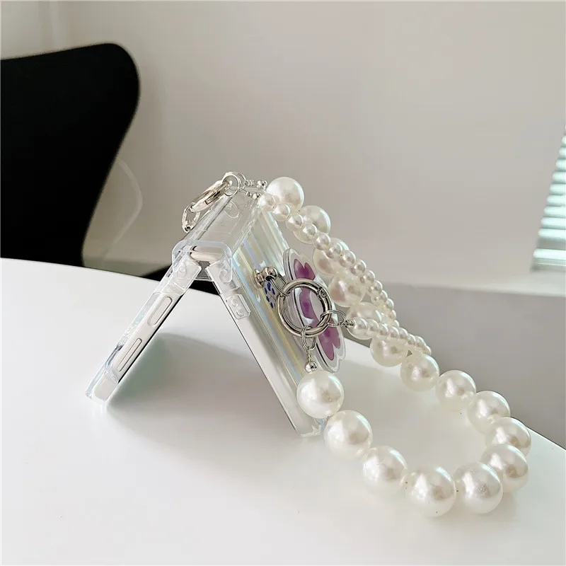 

Чехлы для телефонов Samsung Galaxy Z, флип-чехол для 3 дюймов, Разноцветные полосатые цветы, кросс-боди, жемчужное ожерелье с браслетом, чехол на зап...