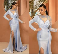 2022 sexy illusion long sleeves sheath evening dress for women crystals beading high split chaming formal party gown prom