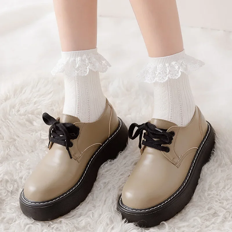 Черно-белые длинные носки женские JK в японском стиле милые кружевные с рюшами для