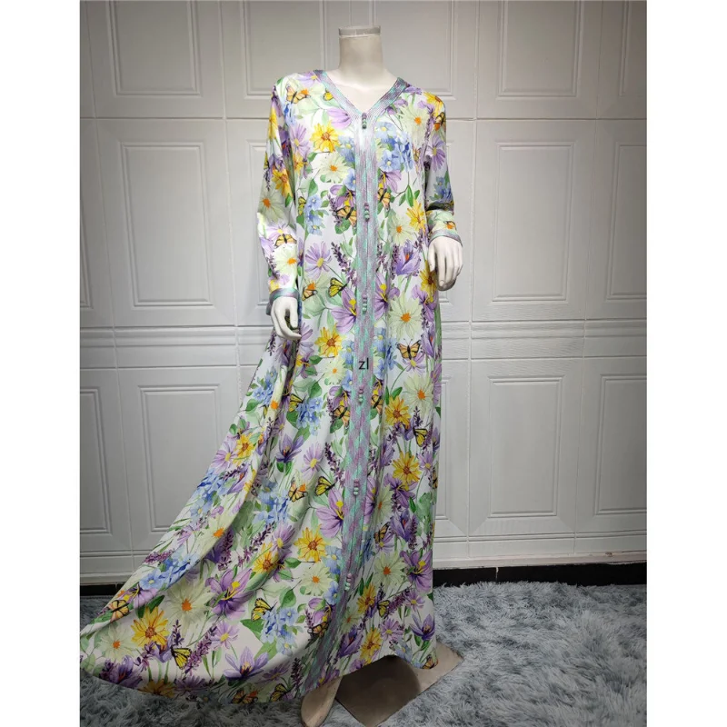 Ramadan Eid Floral Print Vintage Abaya Moroccan Kaftan Muslim Dress Hijab Women Turkey Jalabiya Arabic Oman Clothing Caftan Robe