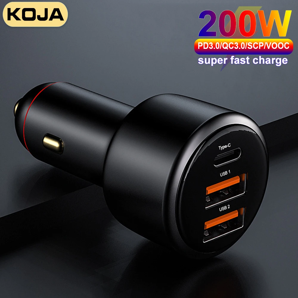 USB Car Charger 200W 125W Super Fast Charger 100W 65W PD Type-C Quick Charge3.0  For HUAWEI OPPO VOOC IPhone Xiaomi Mobile Phone
