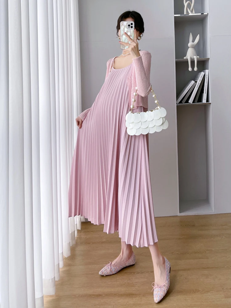 2pcs/set Pregnancy Dresses Pleated Suspender Dress and Short Knitted Cardigan for Pregnant Women Chiffon Maternity Gown enlarge