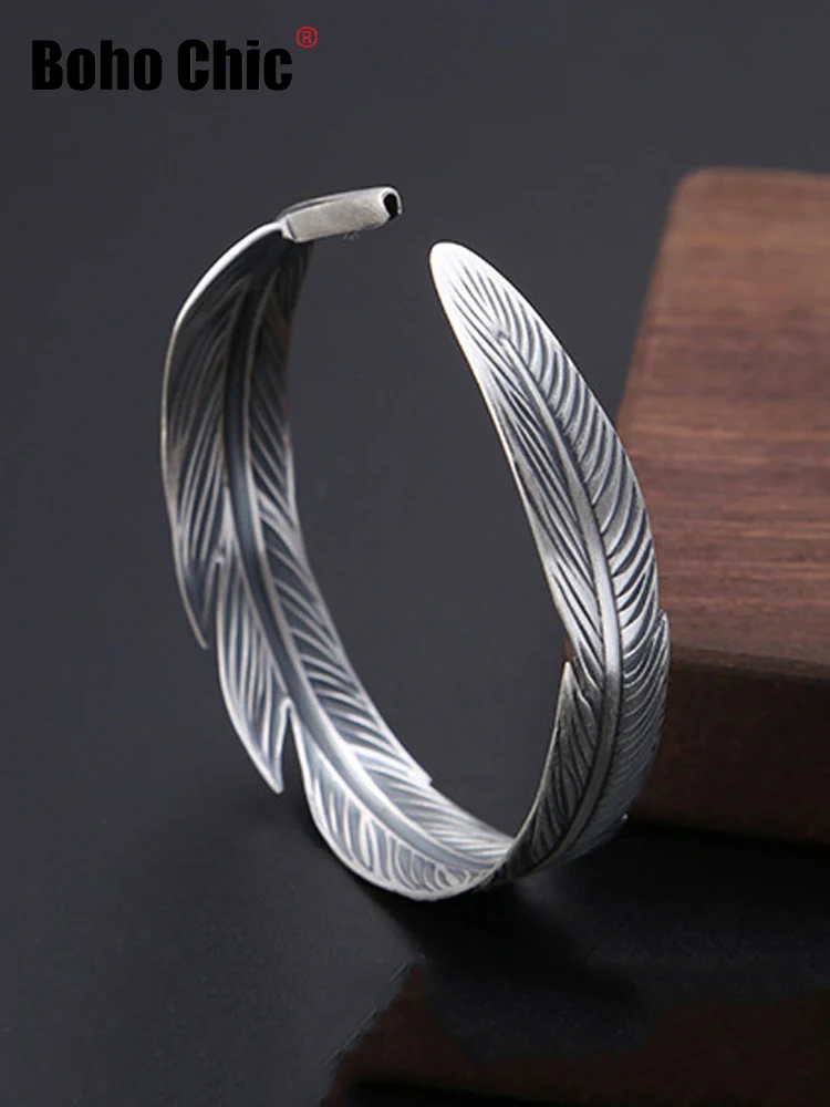 

Boho Chic Tibetan Jewelry Indian Retro 925 Sterling Silver Feather Cuff Bangle Vintage Bracelet Men Women