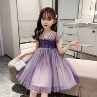 2022 hanfu children clothing girls summer dress purple mesh lace chinese style dresses embroidery party 2 layers kid 8 9 11 year