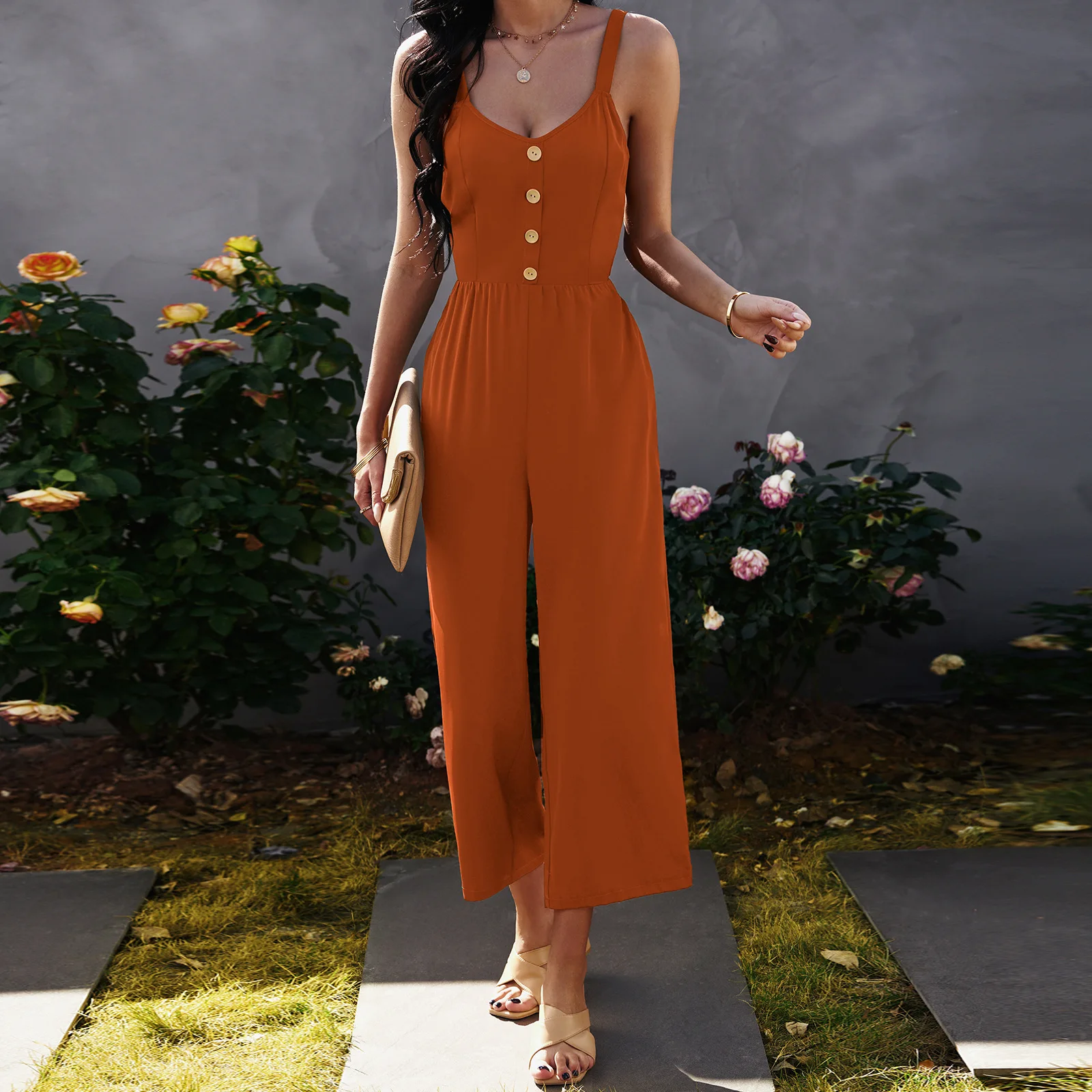 

2022 European and American Spring and Summer New Women's Plain Color Button-Back Loose Casual One-piece Nine-point Pants