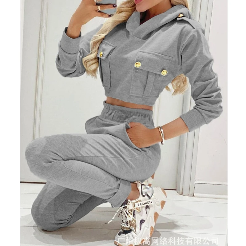 

Long Sleeve Hooded Hoodie Sweatshirt Button Pockets High Waist Elastic Pencil Pants Solid Color Women 2pcs Clothes Set