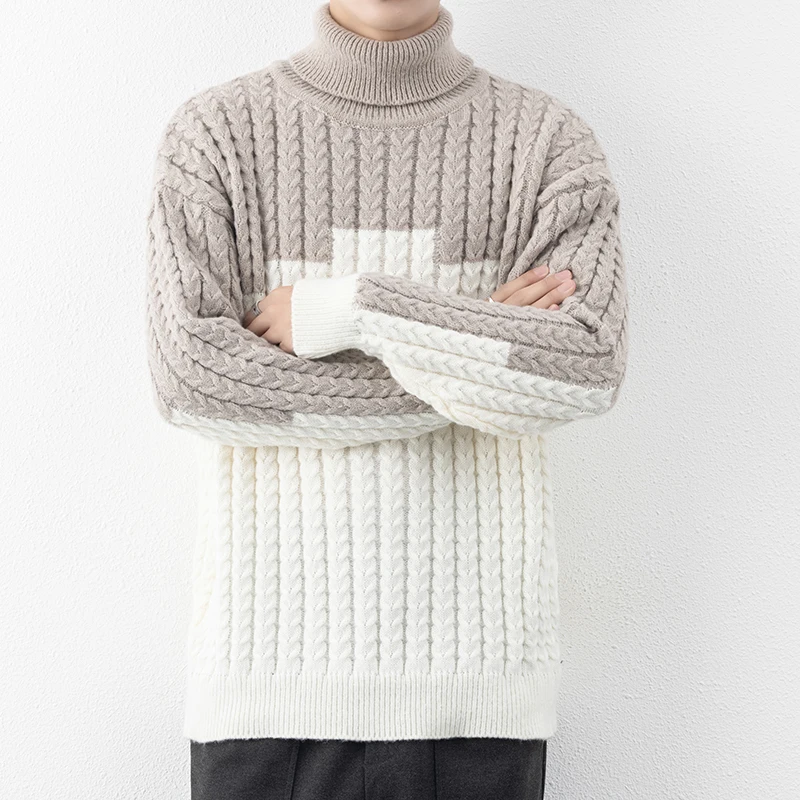 

2022 Winter Fashion New Sweater Men Thick Warm Casual Patchwork Pullovers Mens Handsome Turtleneck Sweaters Knitwear Pull Homme