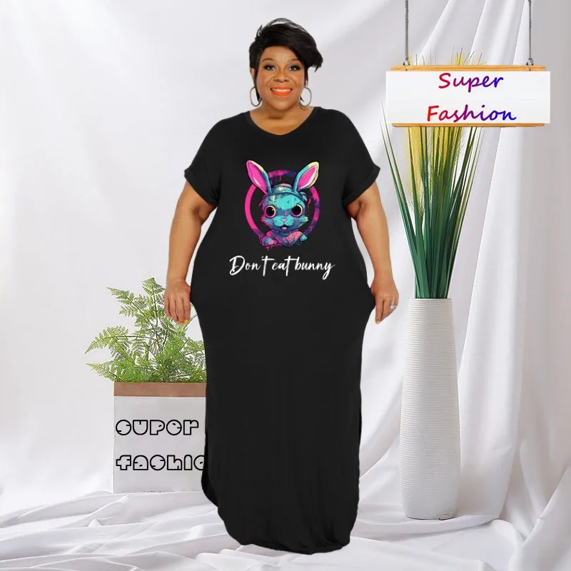 

WSFEC XL-5XL, Новинка лета 2023, модная женская одежда большого размера, Модные свободные повседневные длинные платья с коротким рукавом и разрезом, с рисунком кролика