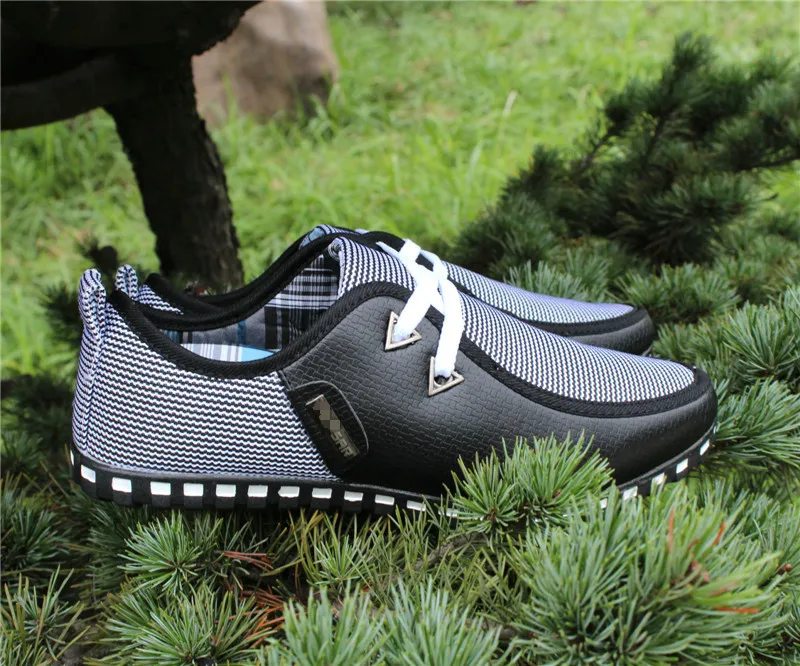 

Spring Men's Leather Casual Shoes Wave Striped Patchwork Sequined Lazy Shoes Men Soft PU Lace-Up Flat Shoes British Style