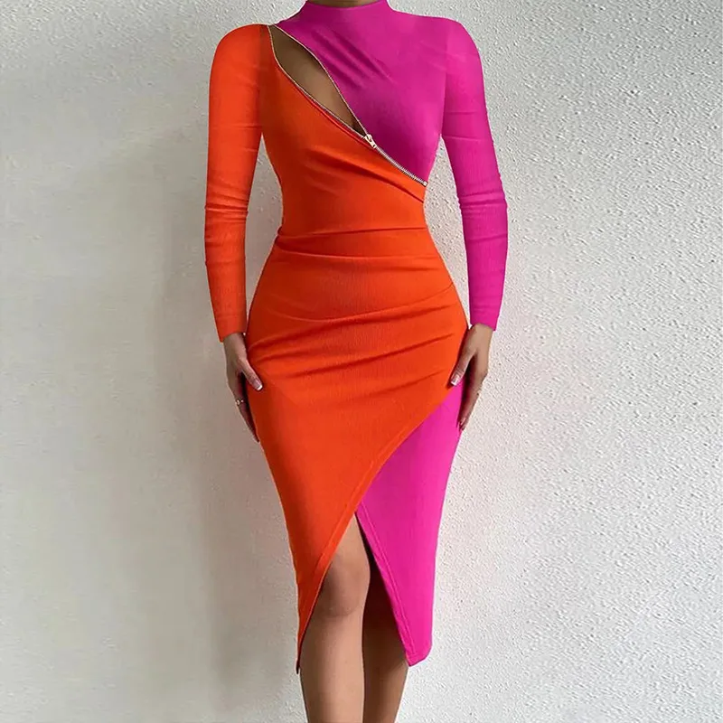 

2023 Women's new color blocking fashion half high neck zipper sexy tight waist dress