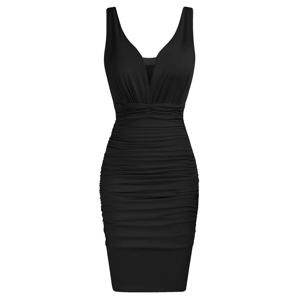 Женское облегающее платье с рюшами без рукавов V-образным вырезом и U-образным