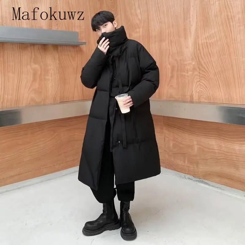 Зимнее однотонное длинное пальто с воротником-стойкой модное мужское теплое