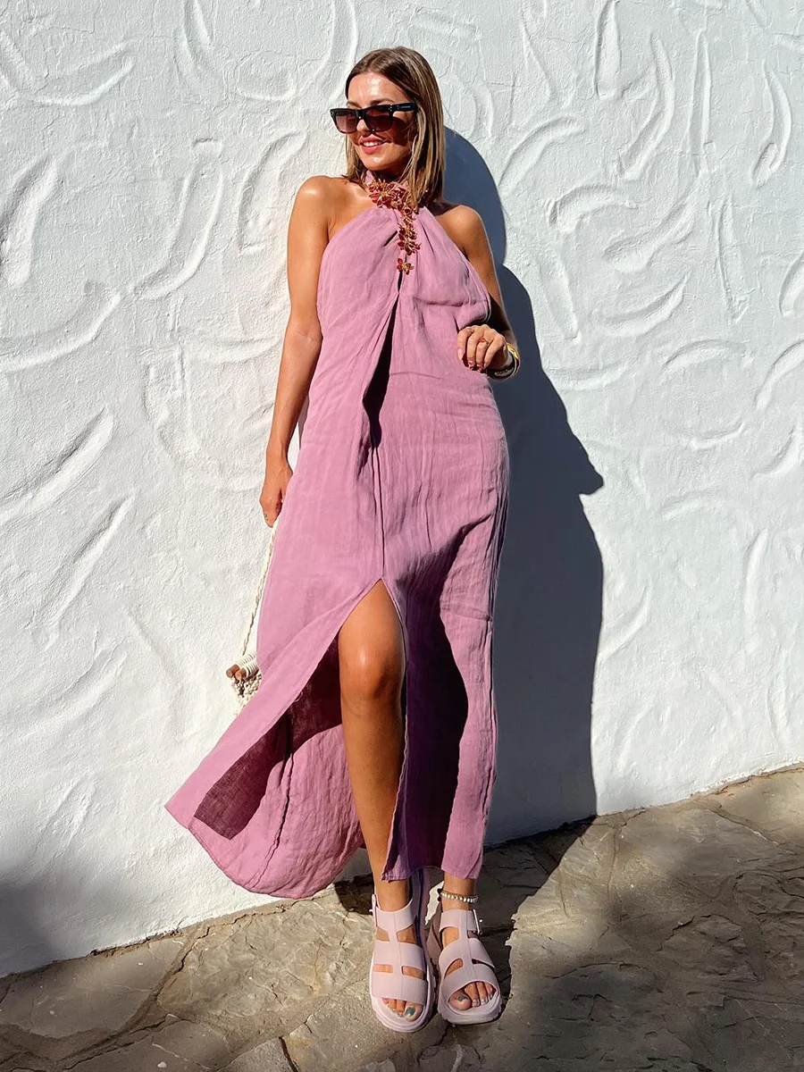 

Solid Simple Midi Dress for Woman Summer Sleeveless Backless Cross Halter Front Split Folds Long Vestidos Elegant Casual Dresses