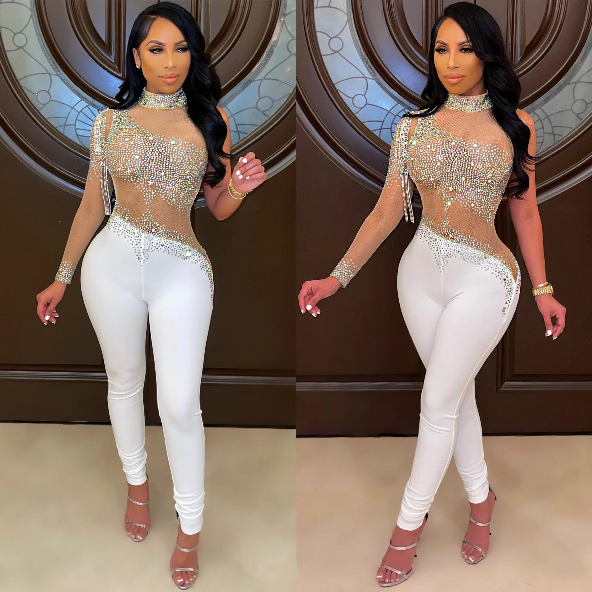 

Echoine Sheer Mesh Sparkly Diamons Jumpsuit Women Sexy Bodycon Rompers One Shoulder Night Club Jumpsuits Party Club Outfits