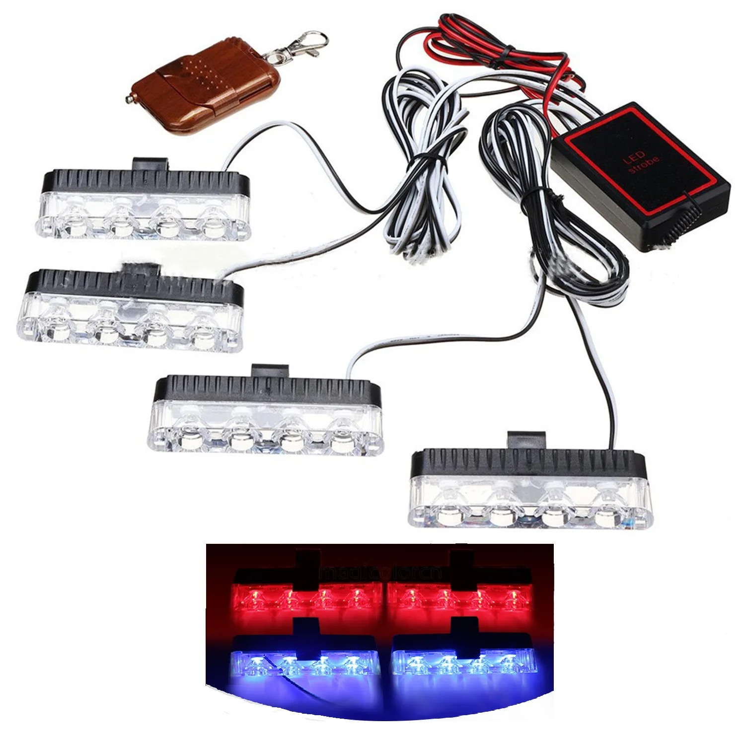

4 в 1 красный, синий аварийный стробоскоп, полицейский свет 12 В с беспроводным пультом дистанционного управления, вспышка, лампа для автомобилей, грузовиков, фургонов, внедорожников