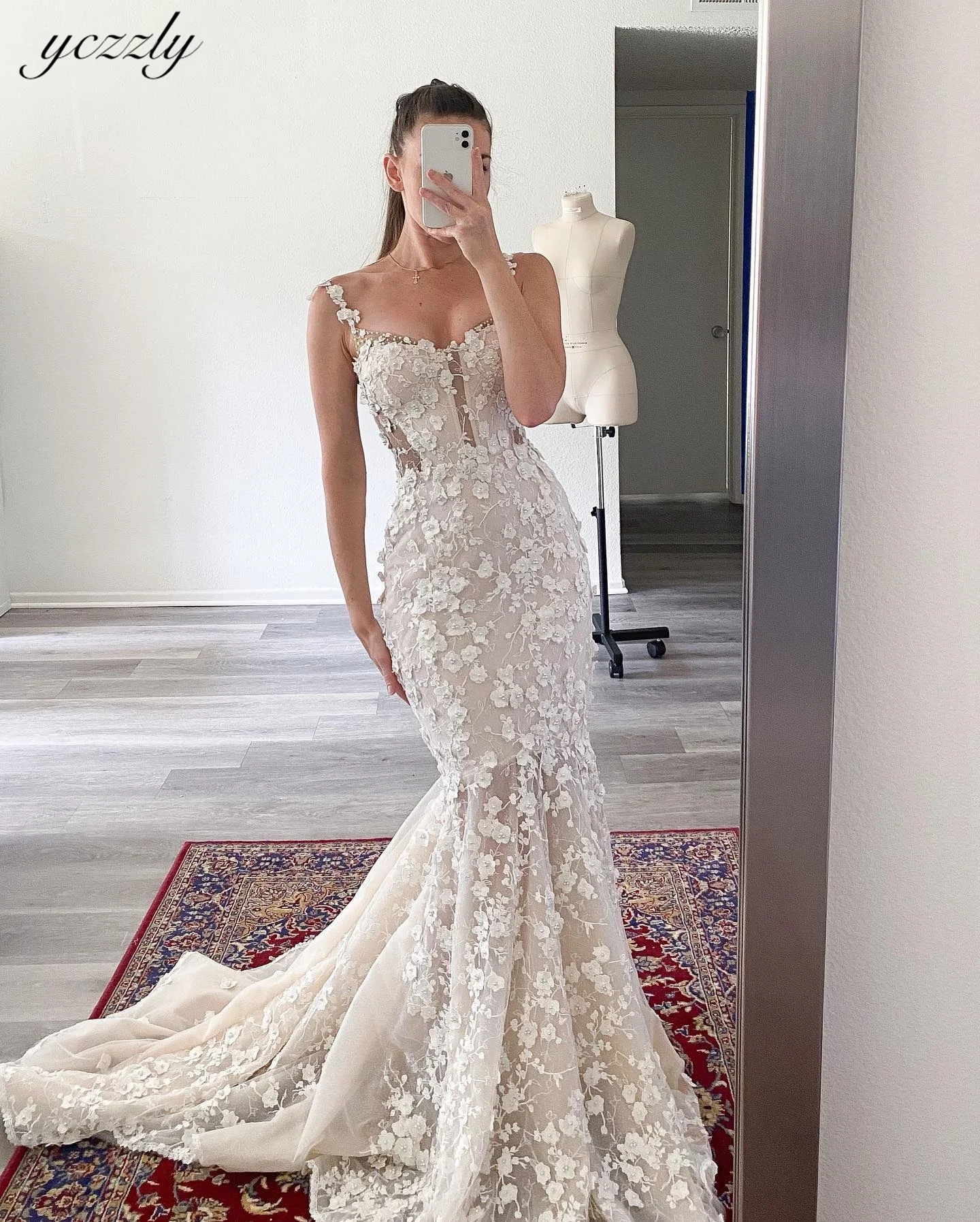 

Yczzly Spaghetti Straps Mermaid Wedding Dress For Women Long Sweetheart Lace Pearls Appliqued Bridal Gown YW437