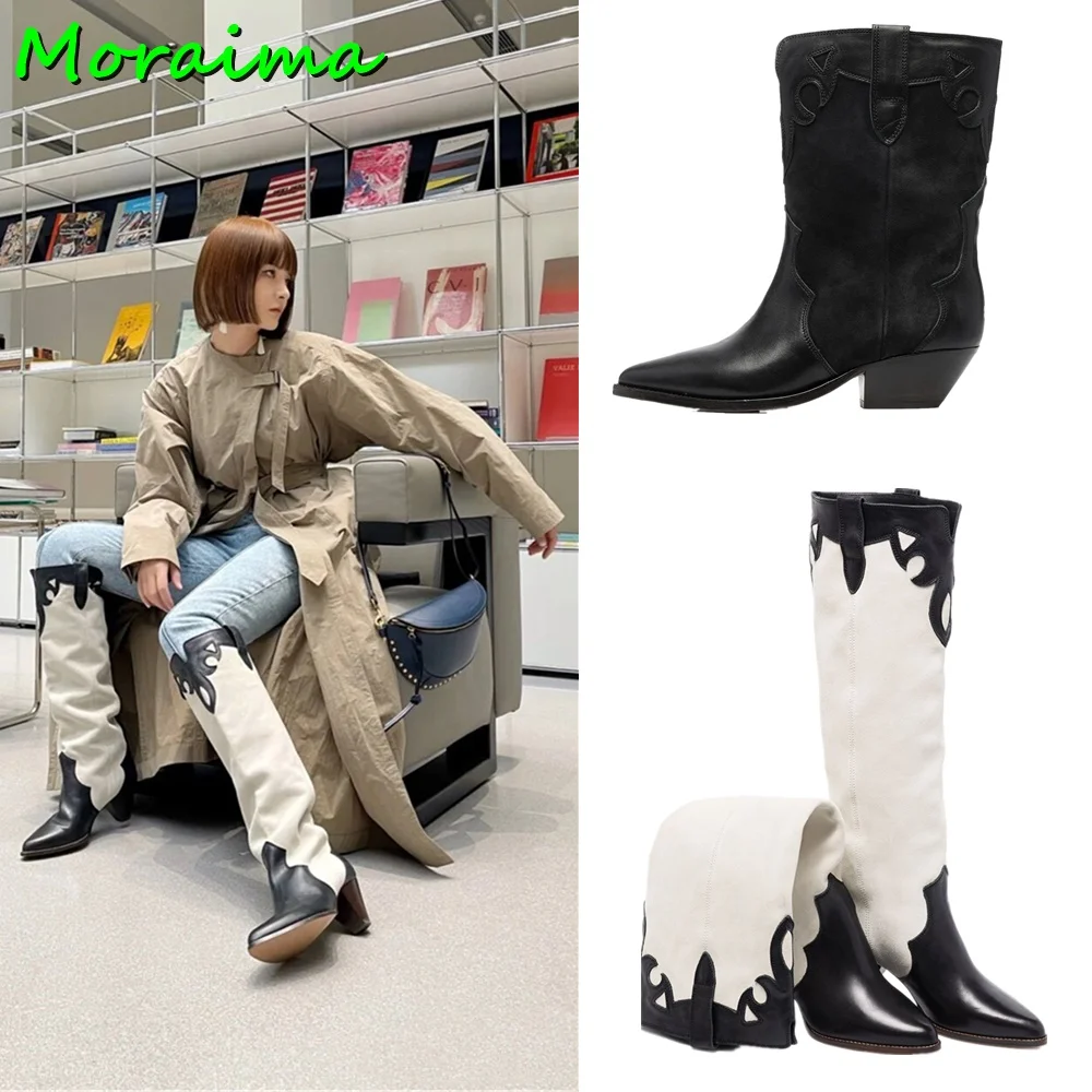 

Pointed Toe Spike Heel Stitching Knee High Boots Totem Women Long Boots Slip On Fashion Autumn Winter Newest White Black Mixed