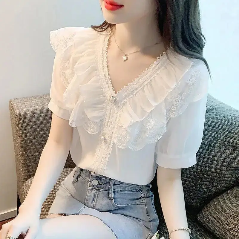 

Sweet Lace Ruffles Spliced V-Neck Button Loose Chiffon Blouse Summer New Casual Pullovers Elegant Women Clothing Commute Shirt