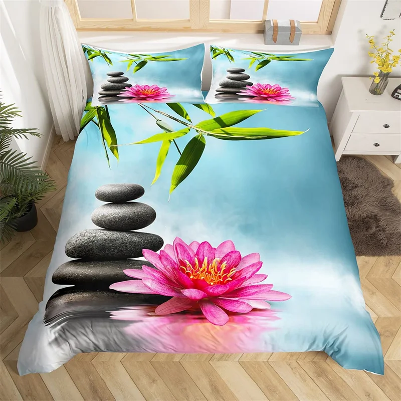 

Zen Stones King Duvet Cover Sandy Beach Bedding Set Microfiber Purple Phalaenopsis Comforter Cover Meditation Bedspread Cover